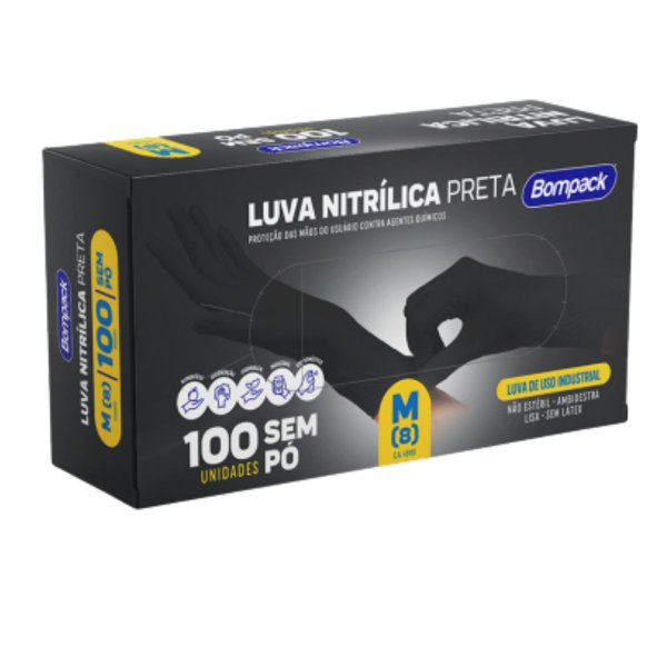 03 luvas nitrilicas preta sem po caixa 100un bompack